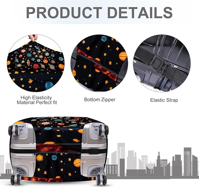 ANNA QUEEN Galactic Planets Luggage Cover, Cosmic Planets & Stars Design, Stretchable, Washable Travel Sleeve for 20-34 Inch Luggage