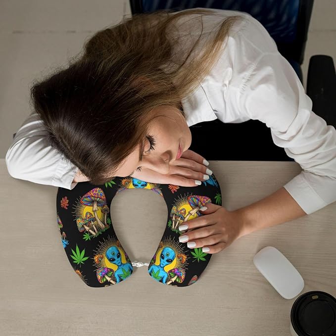 Memory Foam Airplane Pillow Sun Chakra Yoga Meditation Alien Weedleaf Trippy Eye Mushroom for Car Chin Head Neck Supporting, U Shape Pillows Travel Cushion for Office, Nap Sleeping