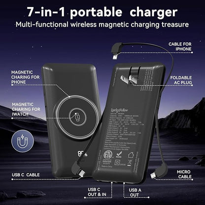 Magnetic 10000mAh Portable Charger for iWatch & iPhone, 22.5W USB C Fast Charging Wireless Power Bank Built-in Cables and Wall Plug, External Travel Battery Pack Compatible with iOS Android Devices