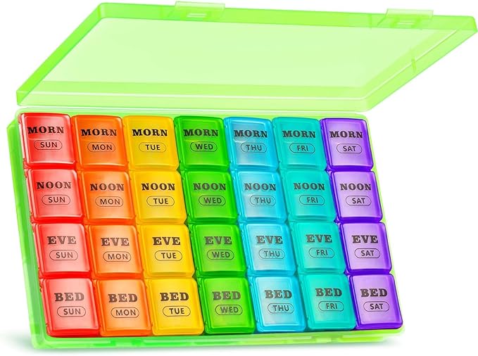 XL Large Weekly Pill Organizer 4 Times a Day, 7-Day Pill Boxes and Organizer AM PM, Big Compartments Pill Case, Monthly Medication Organizer 28 Days Dispenser for Fish Oils