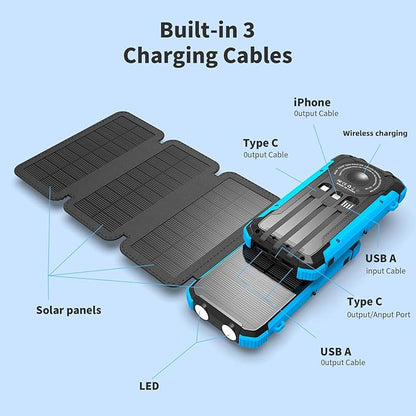 Solar Power Bank 20000mAh Portable Wireless Charger 15W USB-C Fast Charging External Battery Pack Compatible with iPhone, iPad, Samsung More, Dual LED Flashlights Perfect for Camping, Hiking, Outdoor