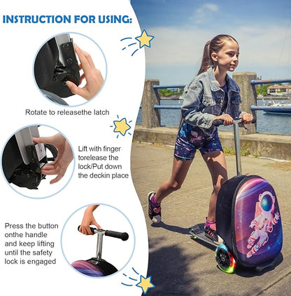 Yacul Kids Suitcase Scooter, 2-in-1 Foldable Luggage with LED Light Wheels, Lightweight Carry-On Travel Suitcase for Boys and Girls(Blue)