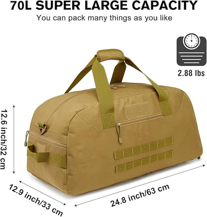 G4Free 70L Large Tactical Duffle Bag Men Sports Gym Backpack with Shoes Compartment Military MOLLE Duffel Backpack (Brown)