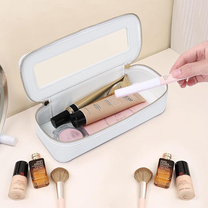 Pinkmik Makeup Brush Case Clear Travel Cosmetic & Toiletry Bag Small Makeup Bag with Zipper Purse Organizer Car Essential Bag for Women (White, SLIM)
