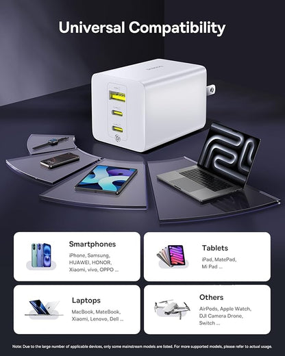 Baseus 100W USB C Charger Block, 3-Port Foldable Compact PPS Wall Charger, Fast Charging Power Adapter for MacBook Pro/Air, iPad, iPhone 17/16, Galaxy S24, Steam Deck & More (White)