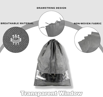 20 Pack Shoe Bags for Travel, 17" x 12.6" Drawstring Shoe Organizers with Clear Window, Breathable Non-Woven Dustproof Pouches for Luggage & Closet (Gray)