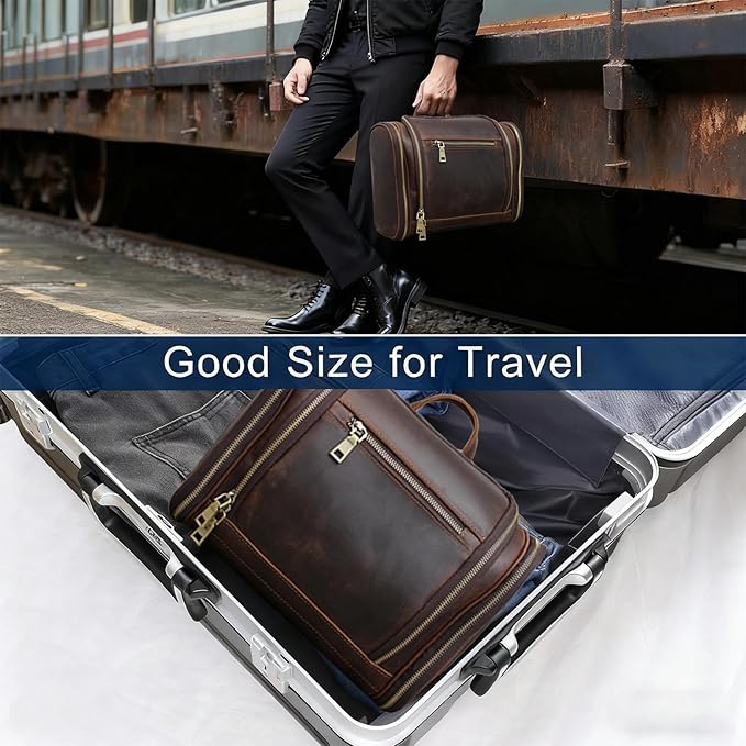 EURYNOME Toiletry Bag For Men, Genuine Leather Toiletries Organizer, Travel Hanging Toiletry Bag Large Water-resistant Bathroom Shaving Kit for Cosmetics, Makeup Case Travel Dopp Kit