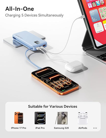 Portable Charger, 12000mAh 22.5W Fast Charging Power Bank with Built-in Cables & Wall Plug, Travel Essentials Battery Pack with LED Display, USB C External Battery Bank for iPhone iPad, Samsung Blue