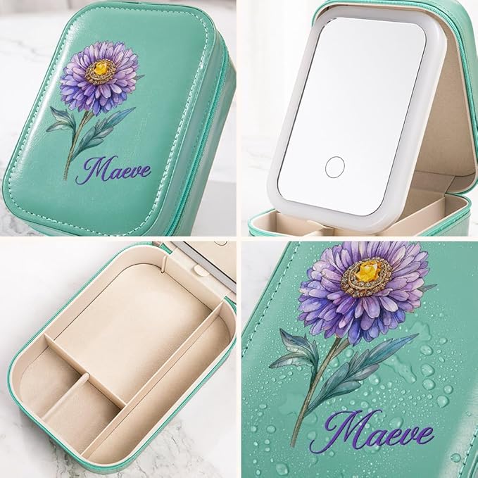 callie Personalized Birth Flower Jewelry Box with Mirror & LED 3 Adjustable Light, Custom Name - Travel Makeup Box Organizer, Birthday Christmas Gift for Women Girls