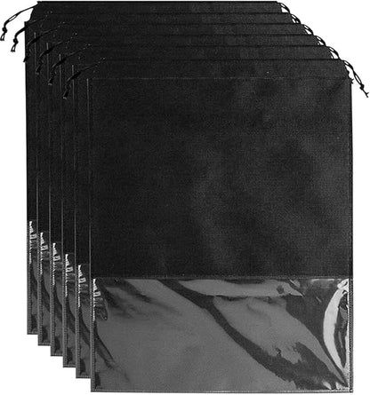 6 Pack Dust Bags for Purses and Handbags, Large Non-Woven Dustproof Drawstring Bags, Travel Shoe Bags, Purse Dust Bags for Storage with Transparent Slot - 19.6in X 23.6in, Black
