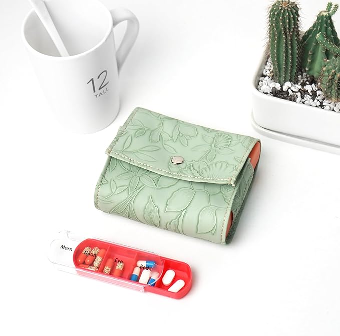 Pill Organizer,LIZIMANDU Weekly Travel Pill Case Box Medication Reminder Daily AM PM, Day Night 7 Compartments,for 4 Times A Day, 7 Days a Week-Includes Leather PU Carrying Case(1-Carved Green4)