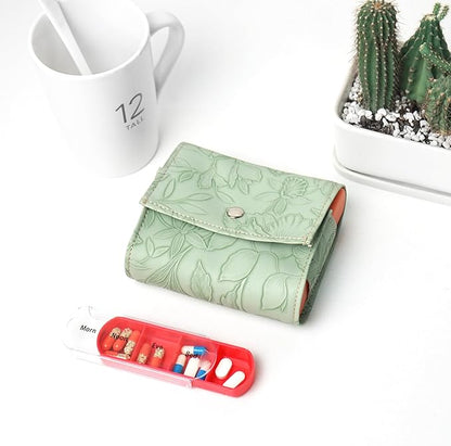 Pill Organizer,LIZIMANDU Weekly Travel Pill Case Box Medication Reminder Daily AM PM, Day Night 7 Compartments,for 4 Times A Day, 7 Days a Week-Includes Leather PU Carrying Case(1-Carved Green4)