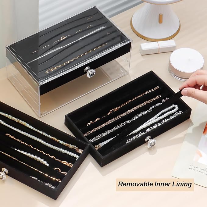 SPAKOWN Necklace Organizer Box, Velvet Necklace Box Holder Tray with Clear Lid Chains Showcase Stackable Necklace Storage for Pendant Bracelet (3 Drawers - Black)