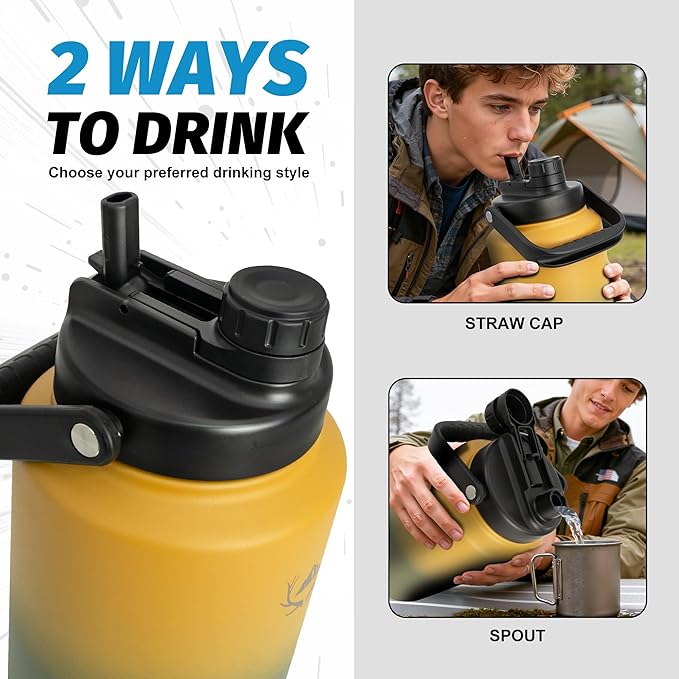 NATURE PIONEOR One Gallon Water Bottle Insulated - Large Double Vacuum Stainless Steel 128 oz Water Bottle with Holder/Carrier, 1 Gallon Water Jug,128oz, Wide Mouth