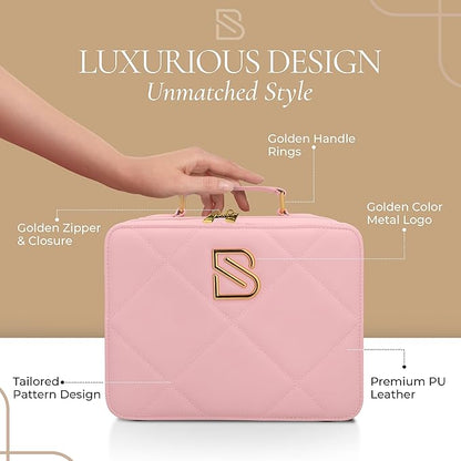 BAREZ Premium PU Leather Makeup Bag With LED Mirror - 3 Brightness Mirror Light Settings - Adjustable Dividers - Removable Mirror Waterproof Cosmetic Travel Bag - A Luxury Gift for Her (Pink)