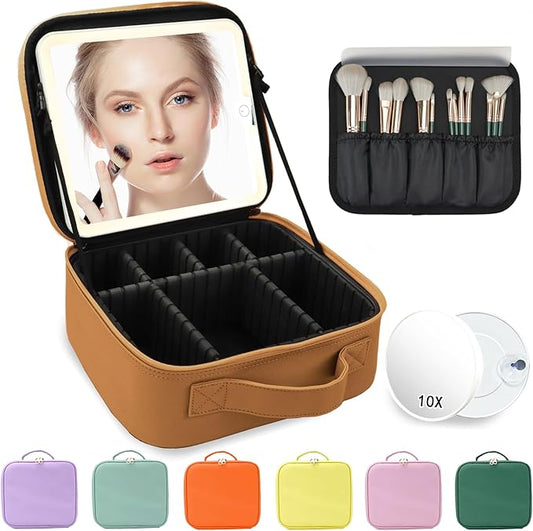 Travel Makeup Bag for Makeup Artists Large Makeup Case,with Mirror 3 Color Setting and Detachable 10x Magnifying Mirror Travel Makeup Bag,Portable Storage and Adjustable Dividers（brown）