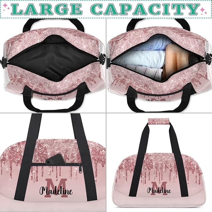 Personalized Kids Sports Duffel Bag with Name Custom Weekender Overnight Bag for Boys Girls Gym Bag Travel Dance Gymnastics Duffel Bag, Light Pink Glitter