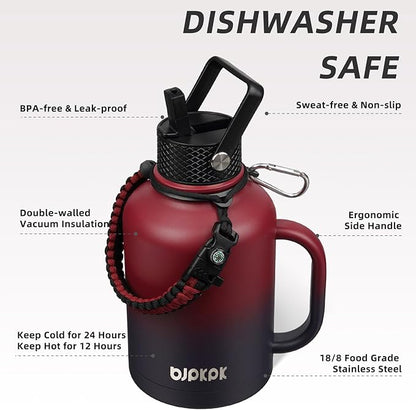 BJPKPK Large Insulated Water Bottles with Straw Lid & Handle, 50oz,64oz,87oz,128oz Water Bottle with 3 Lids and Paracord Strap,Stainless Steel Metal Water Bottle, nsulated Water Jug,Charming Red