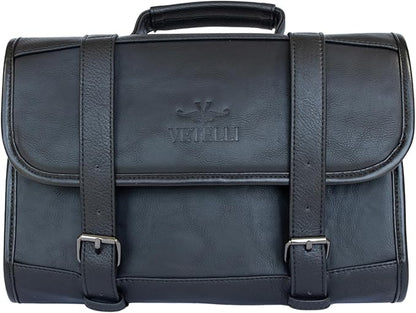Vetelli Leather Toiletry Bag for Men - Water Resistant, 2 Zippered Internal Pockets, 2 Snap-Fastened Internal Pockets, and Hanging Hook. (Black)