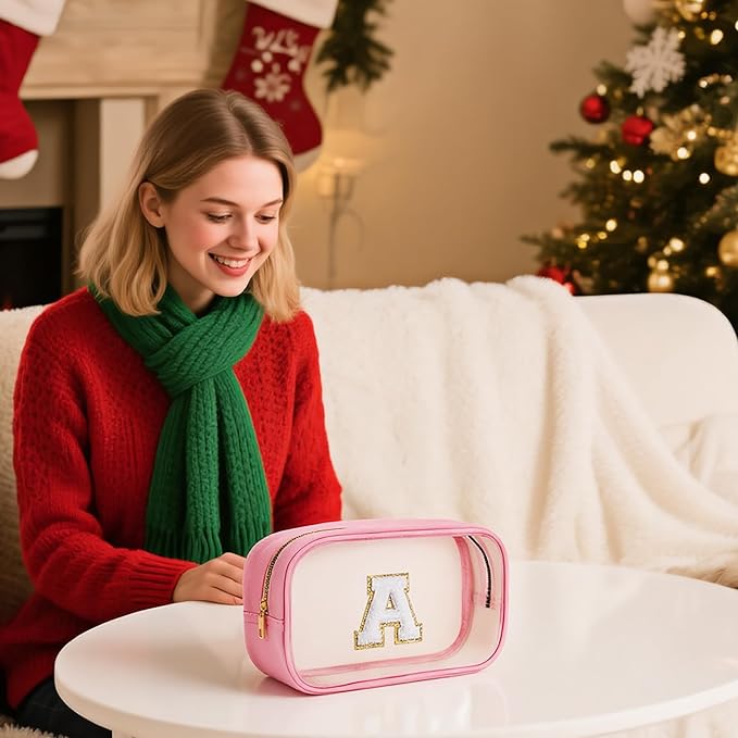 YOOLIFE Christmas Gifts for Teenage Girls Stocking Stuffers Teacher Gifts Initial Clear Makeup Bag Pouch Travel Toiletry Cosmetic Bags Birthday Gift for 4 5 6 7 8 9 10 11 12 Year Old Girls Pink K