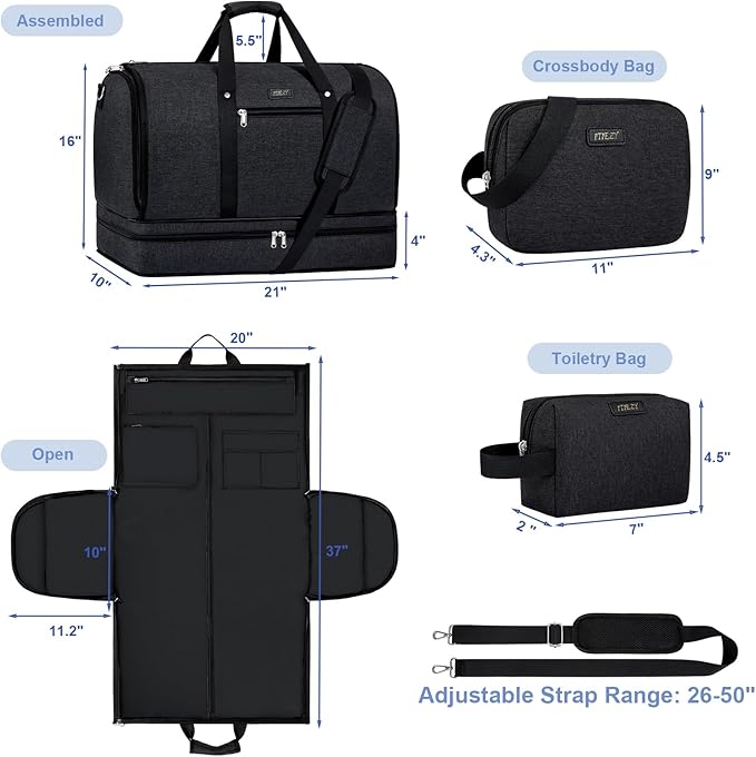 Garment Duffle Bag for Travel - Convertible Carry on Garments Duffel Bags Travel Bag for Women Men Large Weekender Bag with Shoes Compartment 3 in 1 Hanging Clothes Suit Dress Bag 3pcs Set