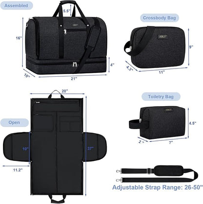 Garment Duffle Bag for Travel - Convertible Carry on Garments Duffel Bags Travel Bag for Women Men Large Weekender Bag with Shoes Compartment 3 in 1 Hanging Clothes Suit Dress Bag 3pcs Set