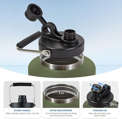 1 Gallon Water Jug Bottle Insulated with Straw, 128oz Stainless Steel Water Bottle Jug Wide Mouth Double Vacuum Dishwasher Safe BPA Free for Hot & Cold Drinks Army Green