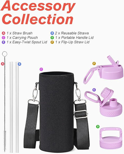 Coolflask Water Bottle 40 oz Insulated with Straw, Stainless Steel Metal 3 Lids Water Flask for Sports or Office, Keep Cold 48H Hot 24H, Glitter Pink