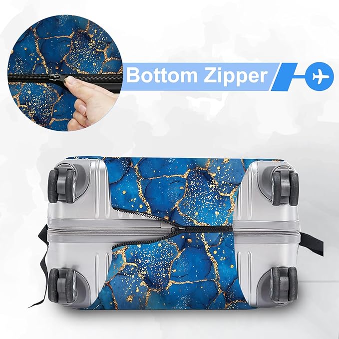 FOREVER QUEEN Blue Gold Luxury Marble Luggage Cover Suitcase Protector Suitcase Cover Anti-Scratch,Stretchable Bag Cover Washable Durable Polyester