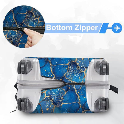 FOREVER QUEEN Blue Gold Luxury Marble Luggage Cover Suitcase Protector Suitcase Cover Anti-Scratch,Stretchable Bag Cover Washable Durable Polyester
