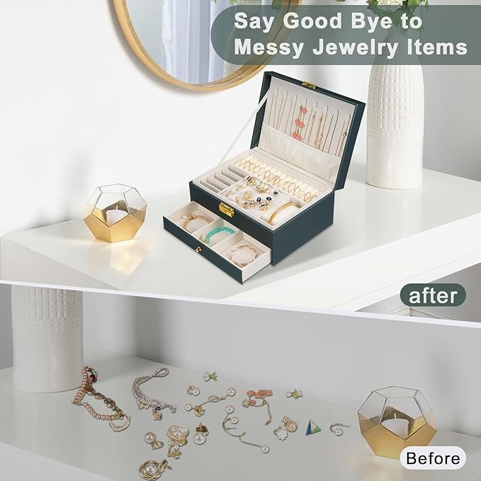 GUOER Jewelry Box for Women Girl Wife - Large PU Leather Jewelry Organizer Storage Case with Two Layers Display for Earrings Bracelets Rings Watches (Hunter Green)