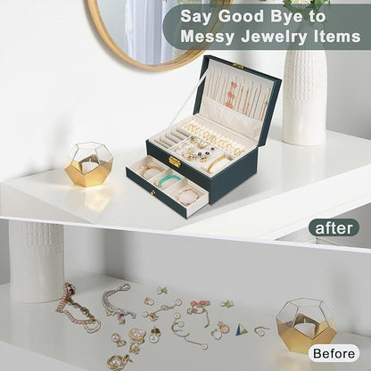 GUOER Jewelry Box for Women Girl Wife - Large PU Leather Jewelry Organizer Storage Case with Two Layers Display for Earrings Bracelets Rings Watches (Hunter Green)