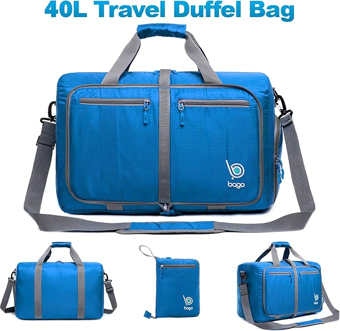 Bago Foldable Duffel Bags for Traveling Women & Men - 40L Sports Packable Duffle Bag for Travel with Shoe Compartment - Water Repellant, Heavy Duty, Lightweight Folding & Collapsible (Blue)