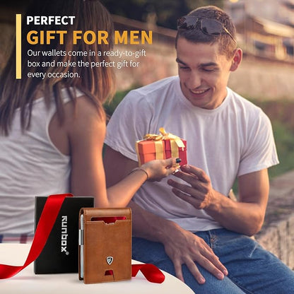 RUNBOX Mens Slim Wallet with Money Clip RFID Blocking Bifold Credit Card Holder for Men with Gift Box