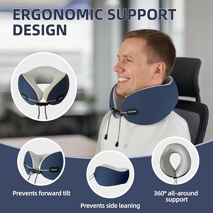 SKYTRAX COMF® Premium Ergonomic Memory Foam Travel Neck Pillow, Washable Cooling Ice Silk Cover, Firm Neck Support for Airplane Long Flights & Pain Relief, with Portable Carry Case (Navy Blue)
