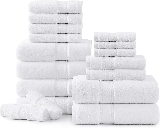 LANE LINEN Towel Set of 18 – Premium 100% Cotton, Zero Twist, 6 Large Bath Towel, 6 Hand Towels & 6 Wash Cloths, Quick Dry & Long-Lasting, Perfect for Family Bathrooms, Easy Care – White Towels