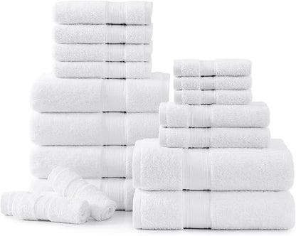 LANE LINEN Towel Set of 18 – Premium 100% Cotton, Zero Twist, 6 Large Bath Towel, 6 Hand Towels & 6 Wash Cloths, Quick Dry & Long-Lasting, Perfect for Family Bathrooms, Easy Care – White Towels