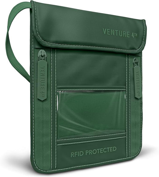 VENTURE 4TH Neck Wallet, RFID Blocking Passport Holder for Travel – Hidden Neck Pouch with 5 Compartments, Slim Lightweight Organizer with Adjustable Strap for Cash, Cards & Passport (Sleek Green)