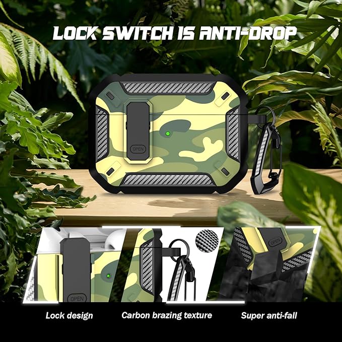 RFUNGUANGO for AirPods Pro 2nd Gen Case with Cleaning Kit, Military Hard Case Protective Armor with Lock, for AirPod Gen 2 Charging Case (2023/2022/2019, 2nd Gen/1st Gen),Rainforest Camouflage