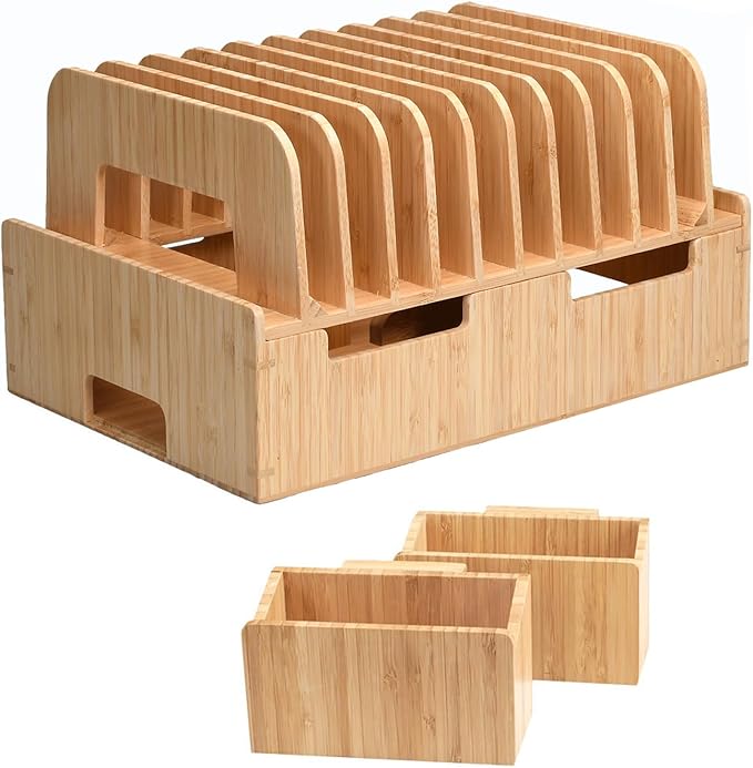 MobileVision Bamboo 12-Port Charging Station & Docking Organizer for Smartphones & Tablets, Family-Sized, for use in Corporate Offices & Classrooms (With 2 Bamboo Caddy Add Ons Included)