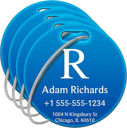 Stainless Luggage Tags for Suitcases 4 Pack: Metal Personalized Luggage Tags for Backpacks & Bags with Customizable Texts (Blue)