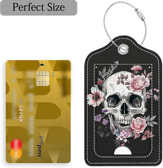 Funny PU Leather Luggage Tags 2-Pack Suitable for Suitcase Stainless Steel Loop and Address Card Essential with Cruise and Airport Travel White Skull Pink Rose Cute Pattern