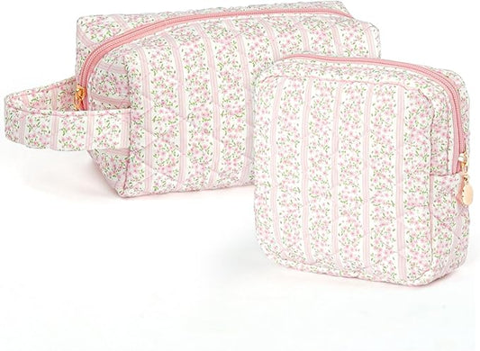 Small Makeup Bags, Cute Floral Cosmetic Pouch for Women and Girls, Quilted Travel Toiletry Bag Organizer, with Zipper, Handle and Compartments, Set of 2