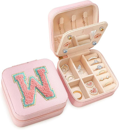 SANDJEST Personalized Jewelry Box, Pink Travel Jewelry Box with Initial W, Small Monogrammed Jewelry Case Organizer for Girls Women Teen Kids, Mini Travel Essentials Gifts for Birthday Christmas
