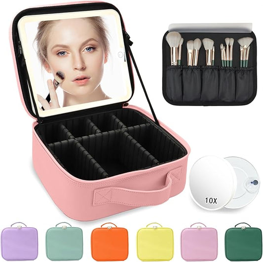 Travel Makeup Bag for Makeup Artists Large Makeup Case,with Mirror 3 Color Setting and Detachable 10x Magnifying Mirror Travel Makeup Bag,Portable Storage and Adjustable Dividers（pink）