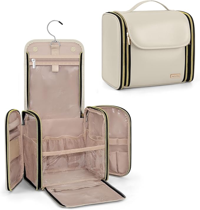 Hanging Toiletry Bag, PU Leather Makeup Bag Large Capacity with Jewelry Organizer for Brushes Set, Cosmetic Accessories, Beige