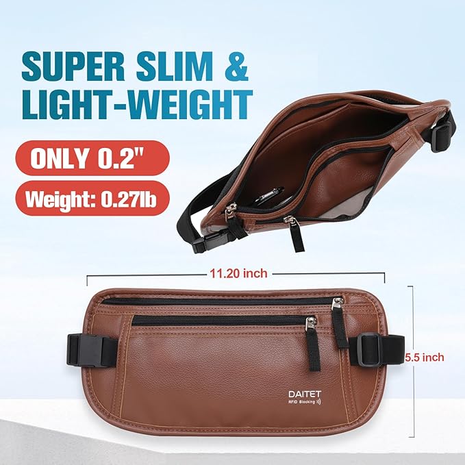 PU Leather Money Belt - Passport Holder Secure Hidden Travel Wallet with RFID Blocking, Undercover Fanny Pack(Brown)
