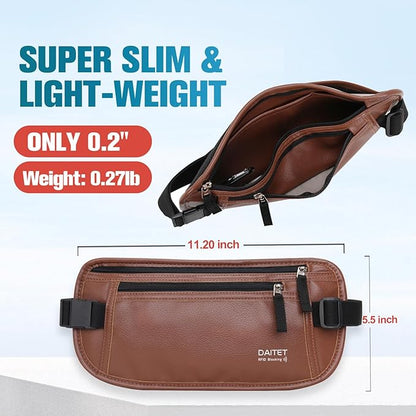 PU Leather Money Belt - Passport Holder Secure Hidden Travel Wallet with RFID Blocking, Undercover Fanny Pack(Brown)