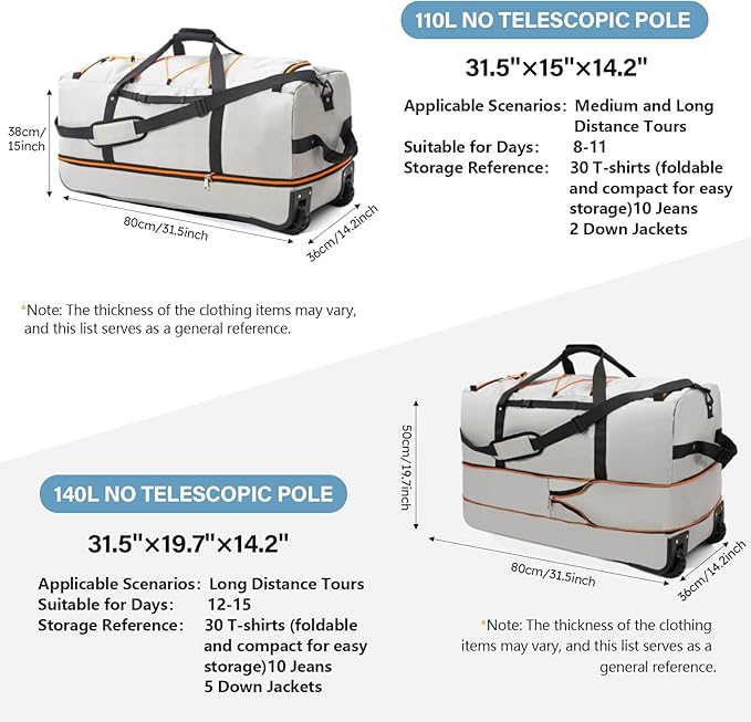 32” 1680D Oxford Foldable Duffle Bag with 2 Wheels,110L to 140L Expandable Soft Sided Rolling Travel Bag,Grey