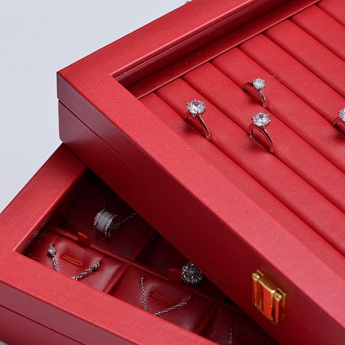 Oirlv Luxury Leather Necklace Tray with 24 Grid Removable Jewelry Cards Jewelry Organizer Box with Transparent Acrylic Lid Necklace Pendant Display Case